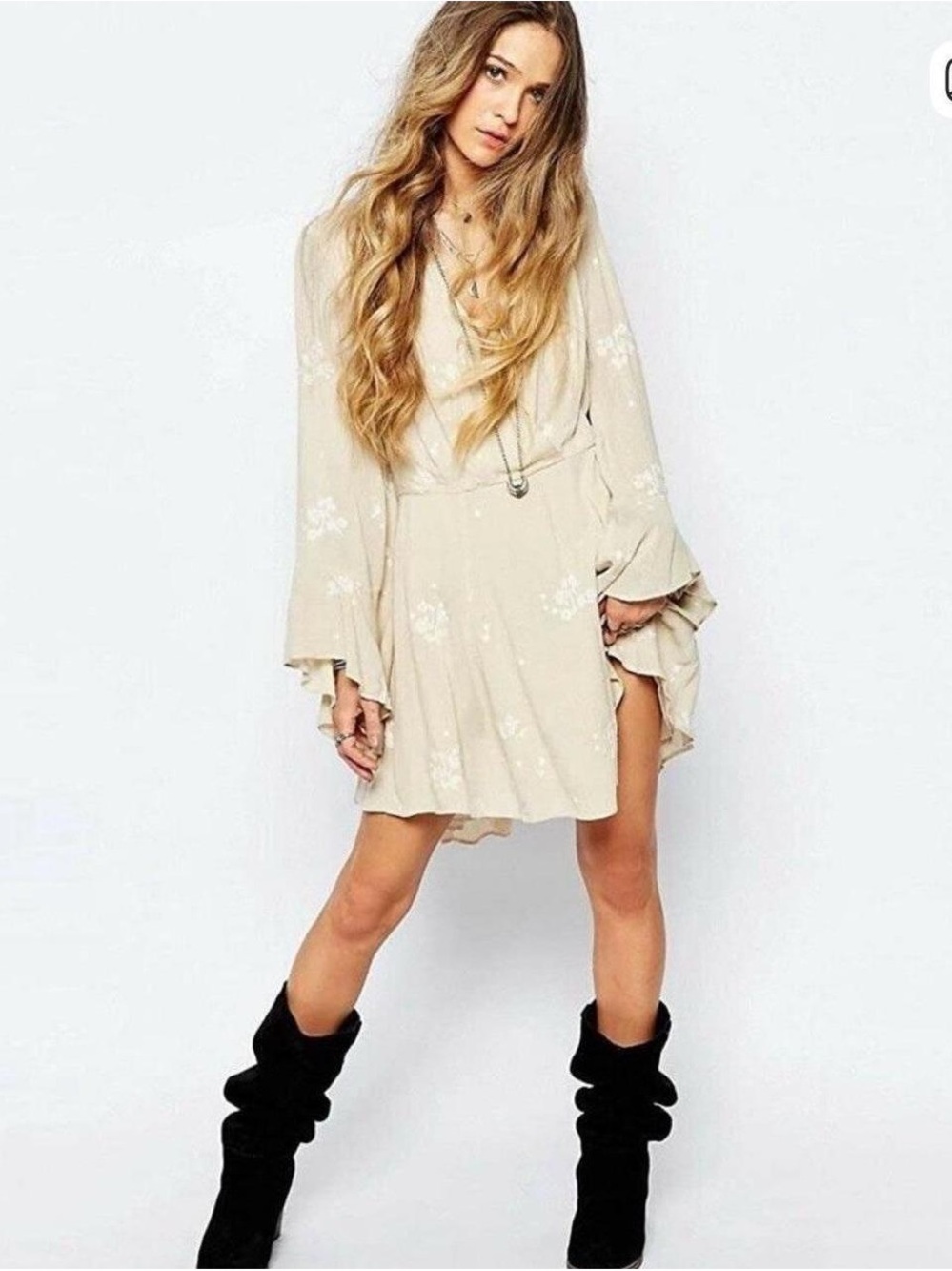 Free People Jasmine Floral Embroidered Long Sleeve Dress (Cream Color)